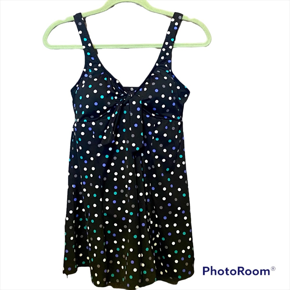 Sonoma One Piece Skirted Bathing Suit Swim Dress Black Polka Dot Women's Size 10